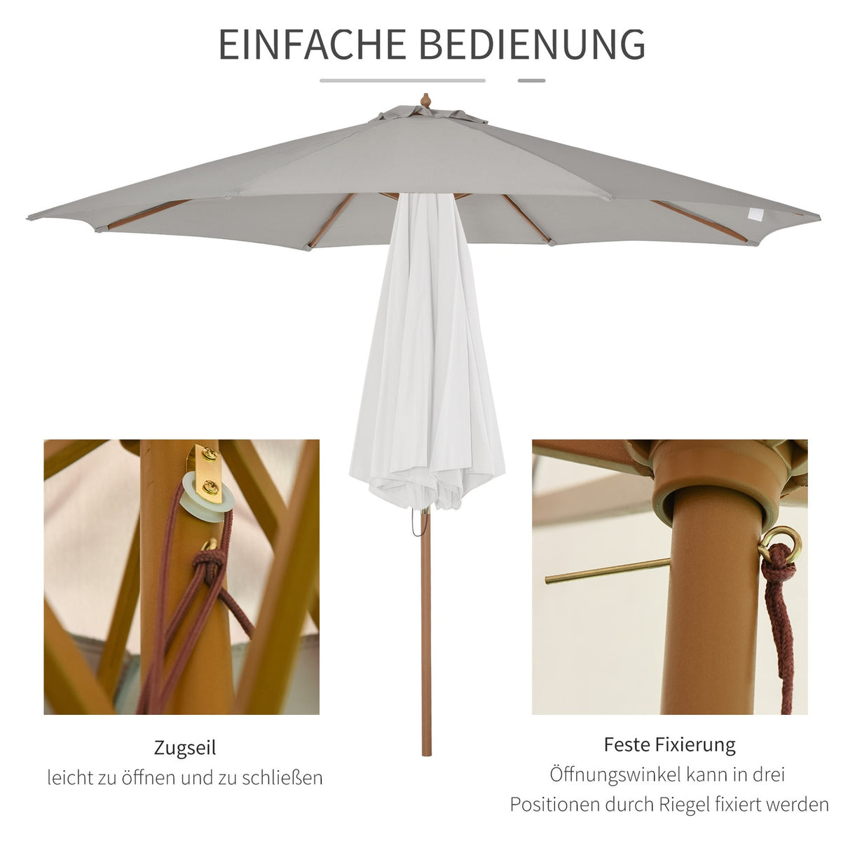 Parasol Wood 300 Cm Wooden Umbrella Garden Umbrella Balcony Umbrella Bamboo Gray