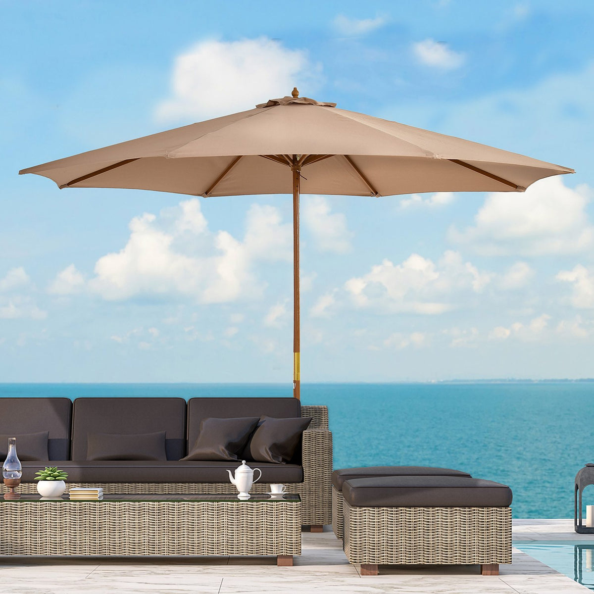 Parasol Wood 300 Cm Wooden Umbrella Garden Umbrella Balcony Umbrella Bamboo Khaki