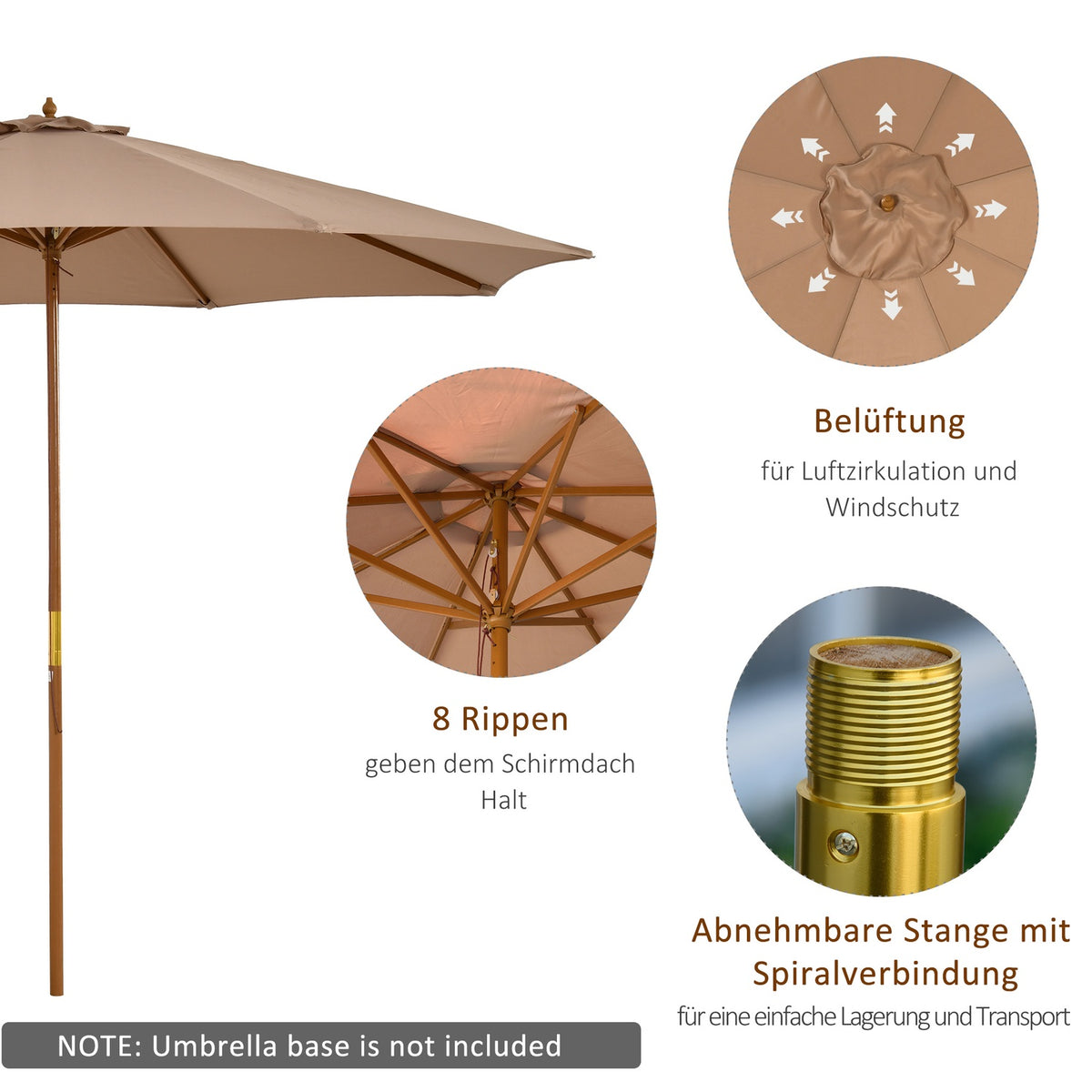 Parasol Wood 300 Cm Wooden Umbrella Garden Umbrella Balcony Umbrella Bamboo Khaki