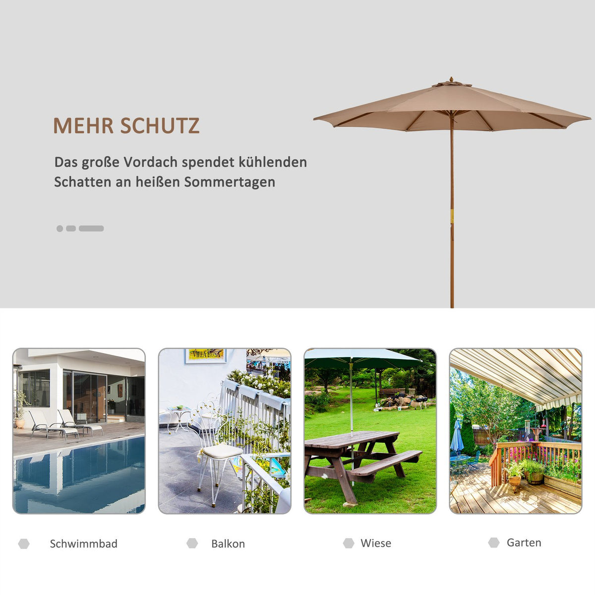 Parasol Wood 300 Cm Wooden Umbrella Garden Umbrella Balcony Umbrella Bamboo Khaki