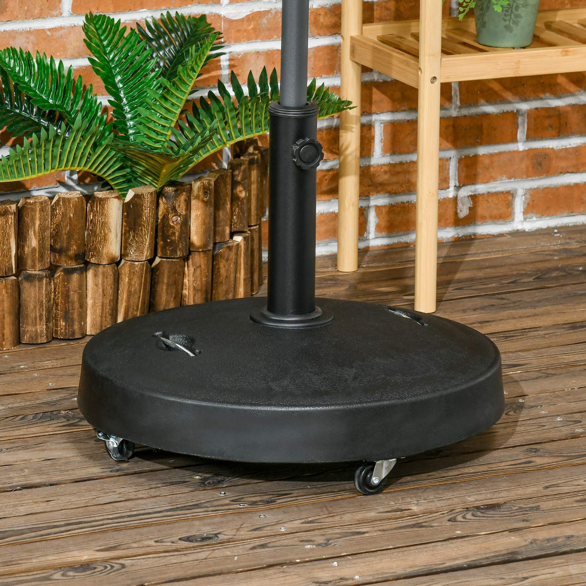 Parasol stand 23.5kg mobile umbrella holder with wheels for Ø38/48mm poles synthetic resin for garden balcony black