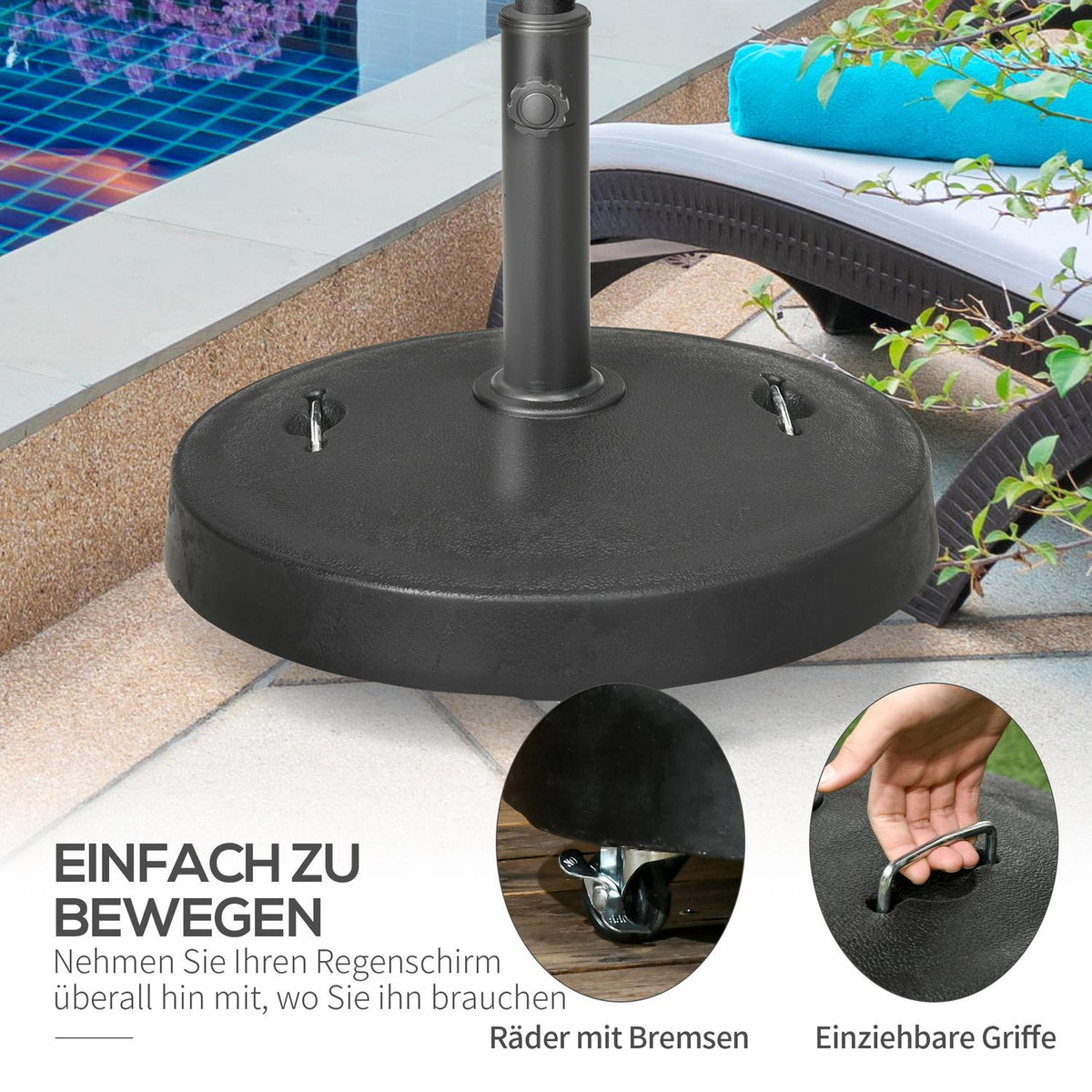 Parasol stand 23.5kg mobile umbrella holder with wheels for Ø38/48mm poles synthetic resin for garden balcony black