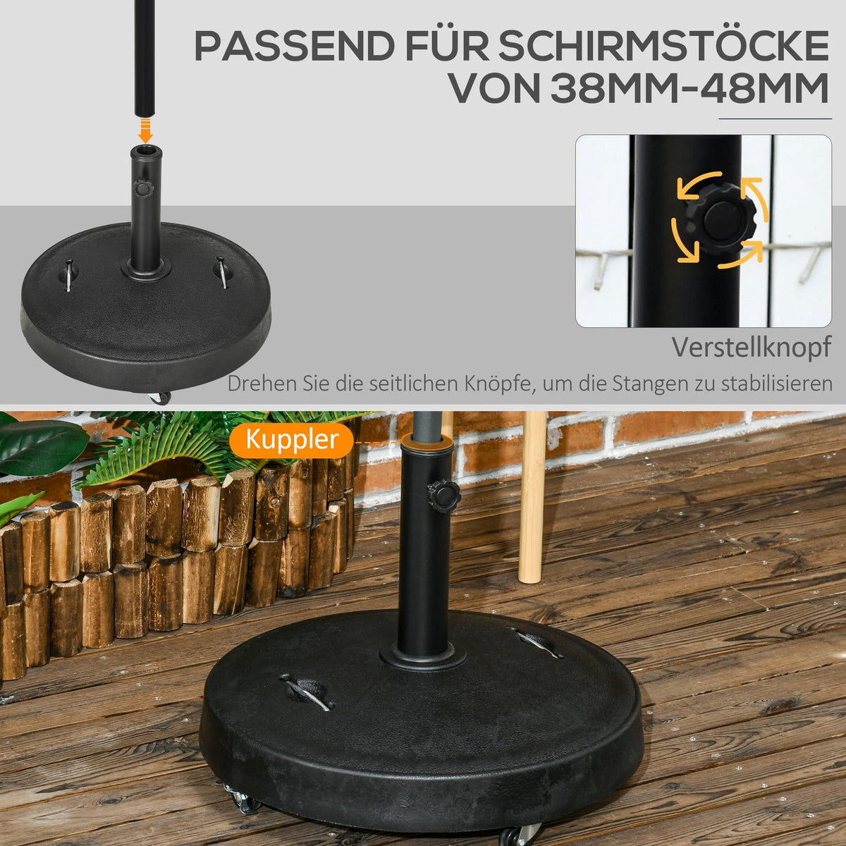 Parasol stand 23.5kg mobile umbrella holder with wheels for Ø38/48mm poles synthetic resin for garden balcony black