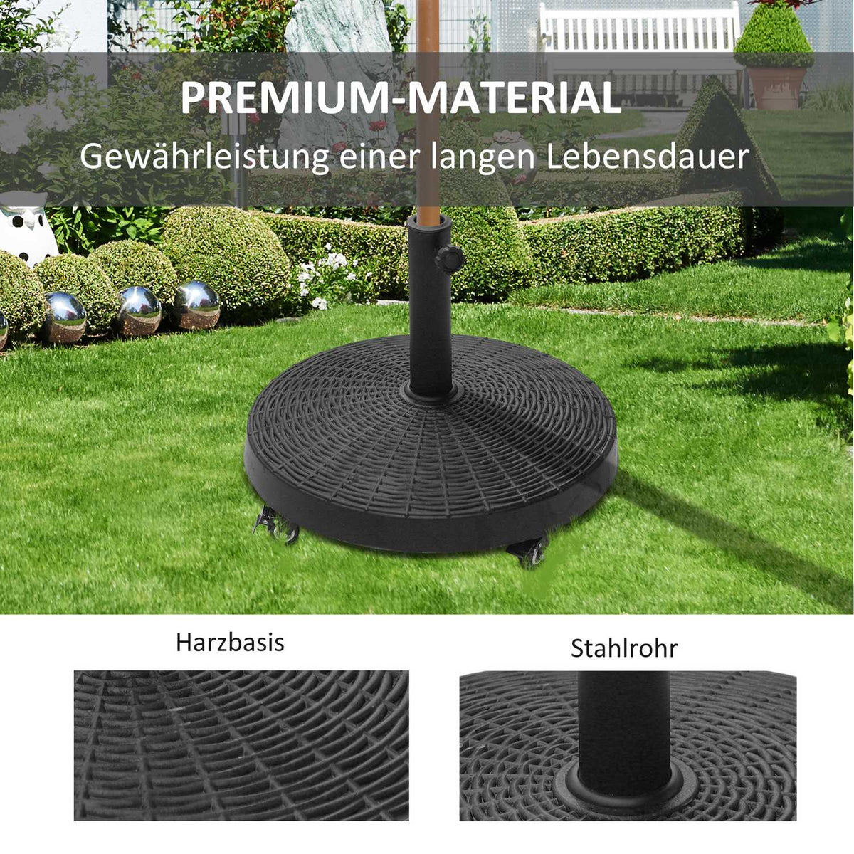 Parasol stand 25 kg umbrella base with wheels rattan look for umbrellas Ø38/48 mm synthetic resin & metal Ø52 x 41cm