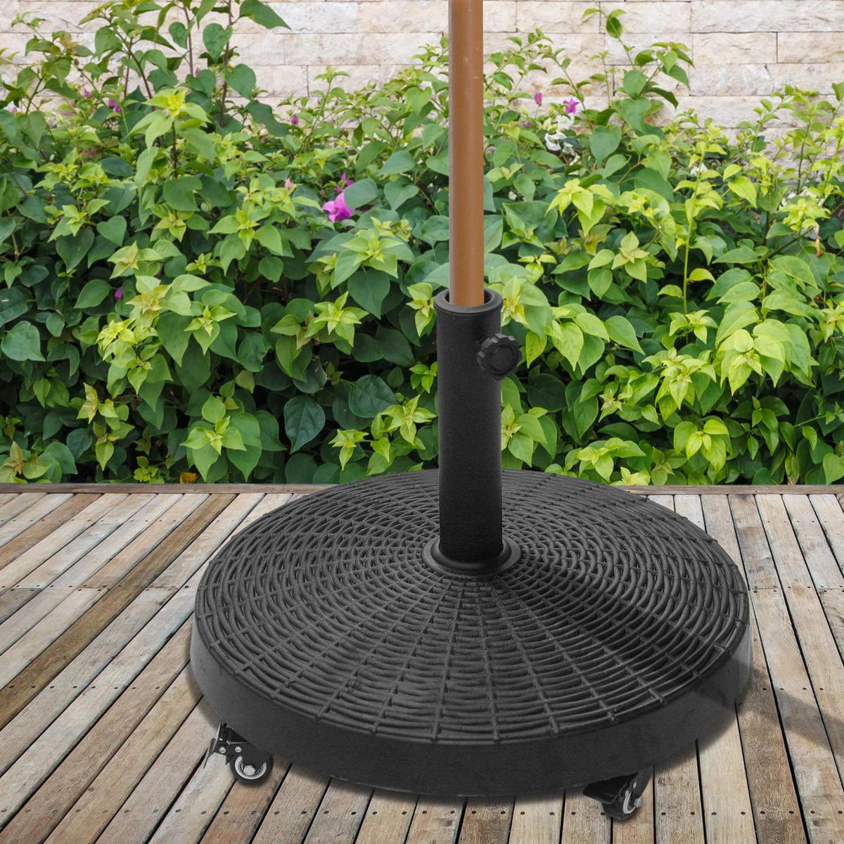 Parasol stand 25 kg umbrella base with wheels rattan look for umbrellas Ø38/48 mm synthetic resin & metal Ø52 x 41cm