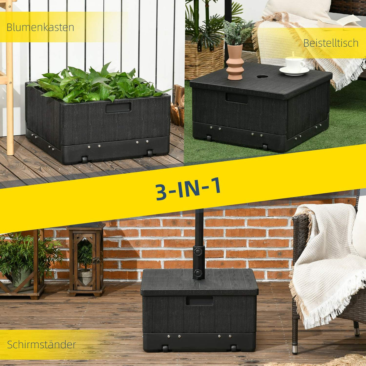 Parasol stand 3-in-1 side table with handle and wheels, raised bed can be filled with sand up to 80 kg for Ø38/48 mm umbrella poles