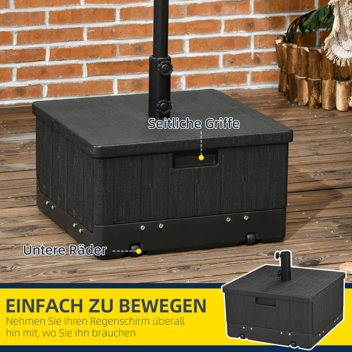 Parasol stand 3-in-1 side table with handle and wheels, raised bed can be filled with sand up to 80 kg for Ø38/48 mm umbrella poles