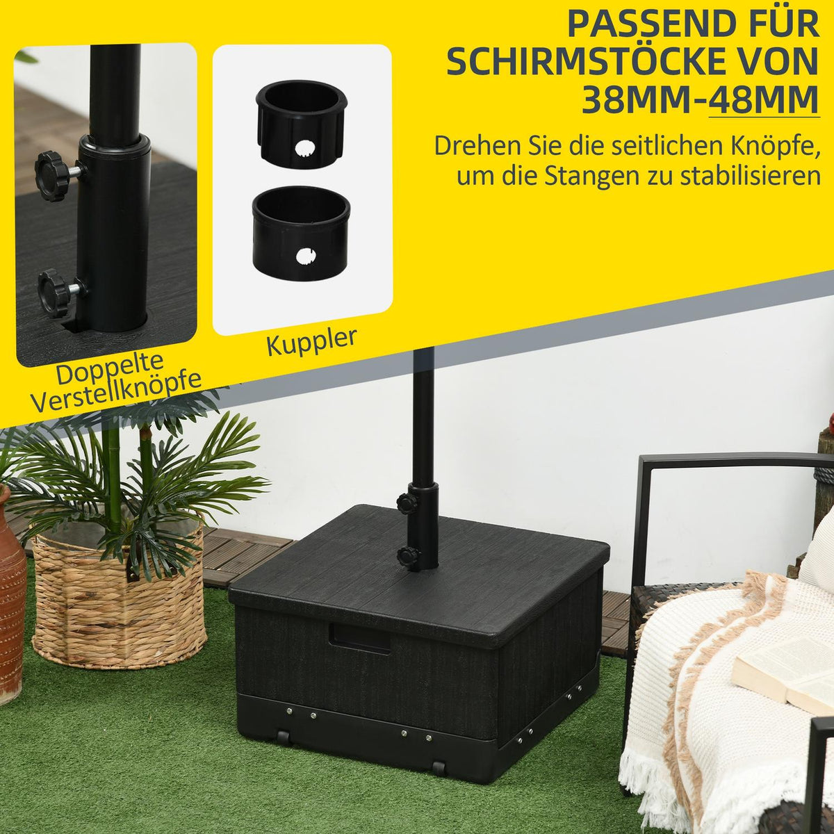 Parasol stand 3-in-1 side table with handle and wheels, raised bed can be filled with sand up to 80 kg for Ø38/48 mm umbrella poles