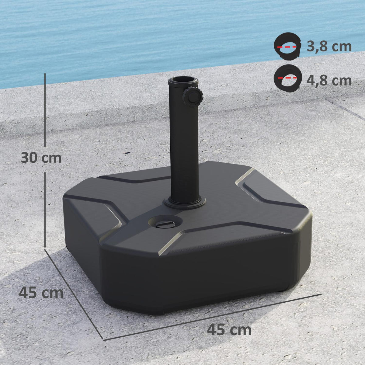 Parasol stand can be filled up to 25 kg, umbrella stand, square umbrella holder, umbrella weight, stand for parasol 38/48 mm tube diameter, for balcony, terrace, garden, black |