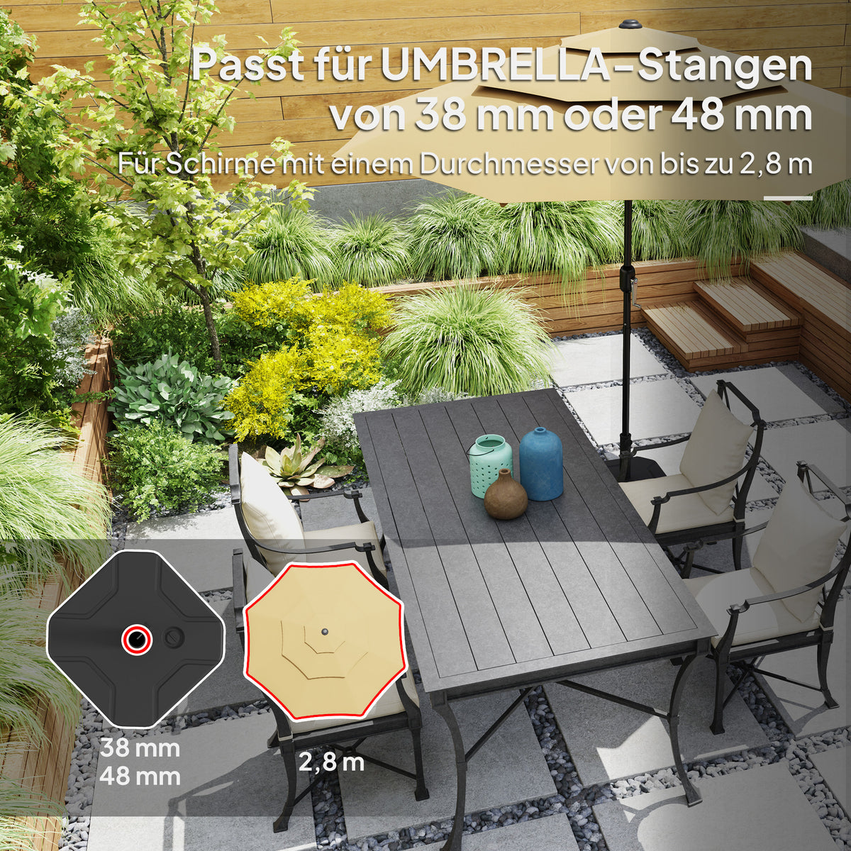 Parasol stand can be filled up to 25 kg, umbrella stand, square umbrella holder, umbrella weight, stand for parasol 38/48 mm tube diameter, for balcony, terrace, garden, black |