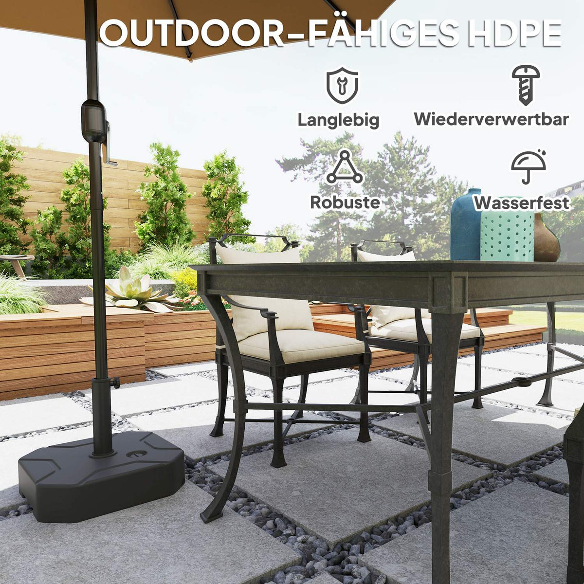 Parasol stand can be filled up to 25 kg, umbrella stand, square umbrella holder, umbrella weight, stand for parasol 38/48 mm tube diameter, for balcony, terrace, garden, black |