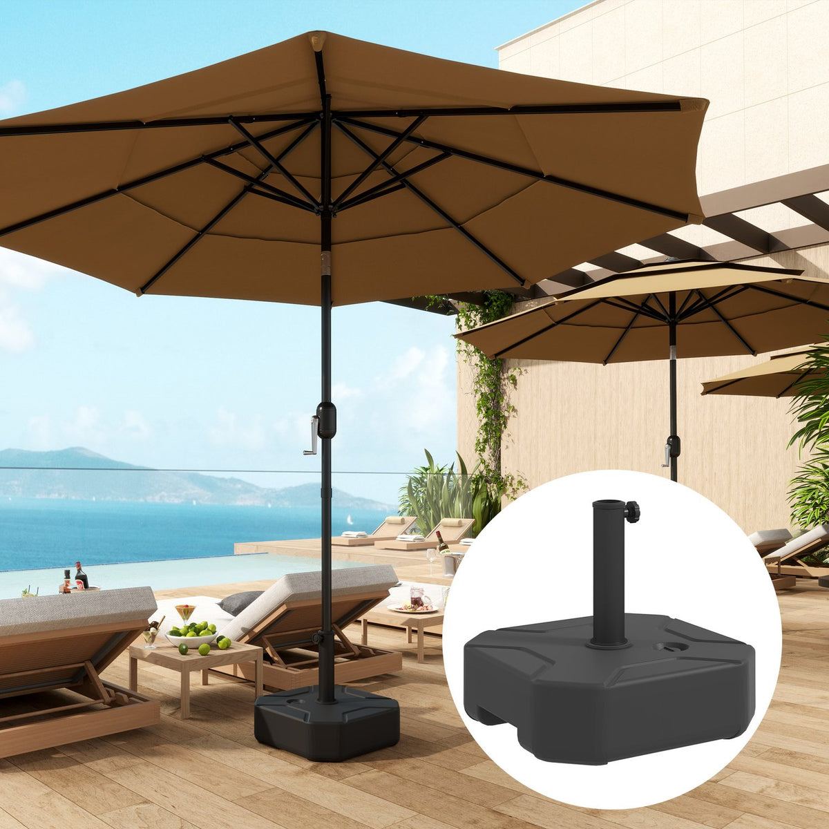 Parasol stand can be filled up to 25 kg, umbrella stand, square umbrella holder, umbrella weight, stand for parasol 38/48 mm tube diameter, for balcony, terrace, garden, black |