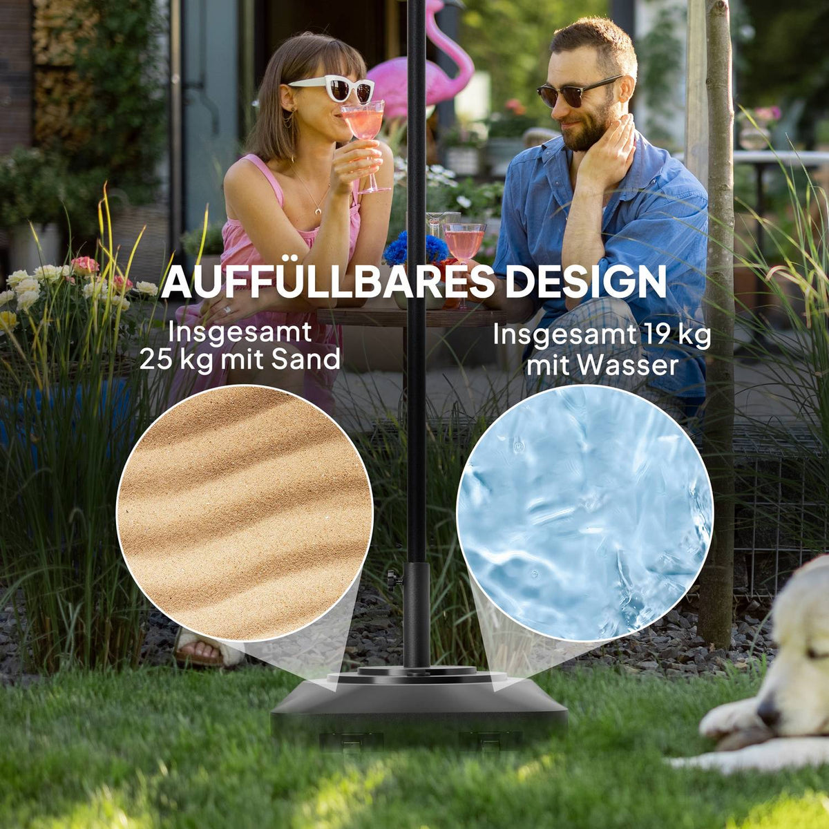 Parasol stand can be filled up to 25 kg, umbrella stand with wheels, square umbrella holder, umbrella weight, stand for parasol Ø38/48 mm, for balcony, terrace, garden, black