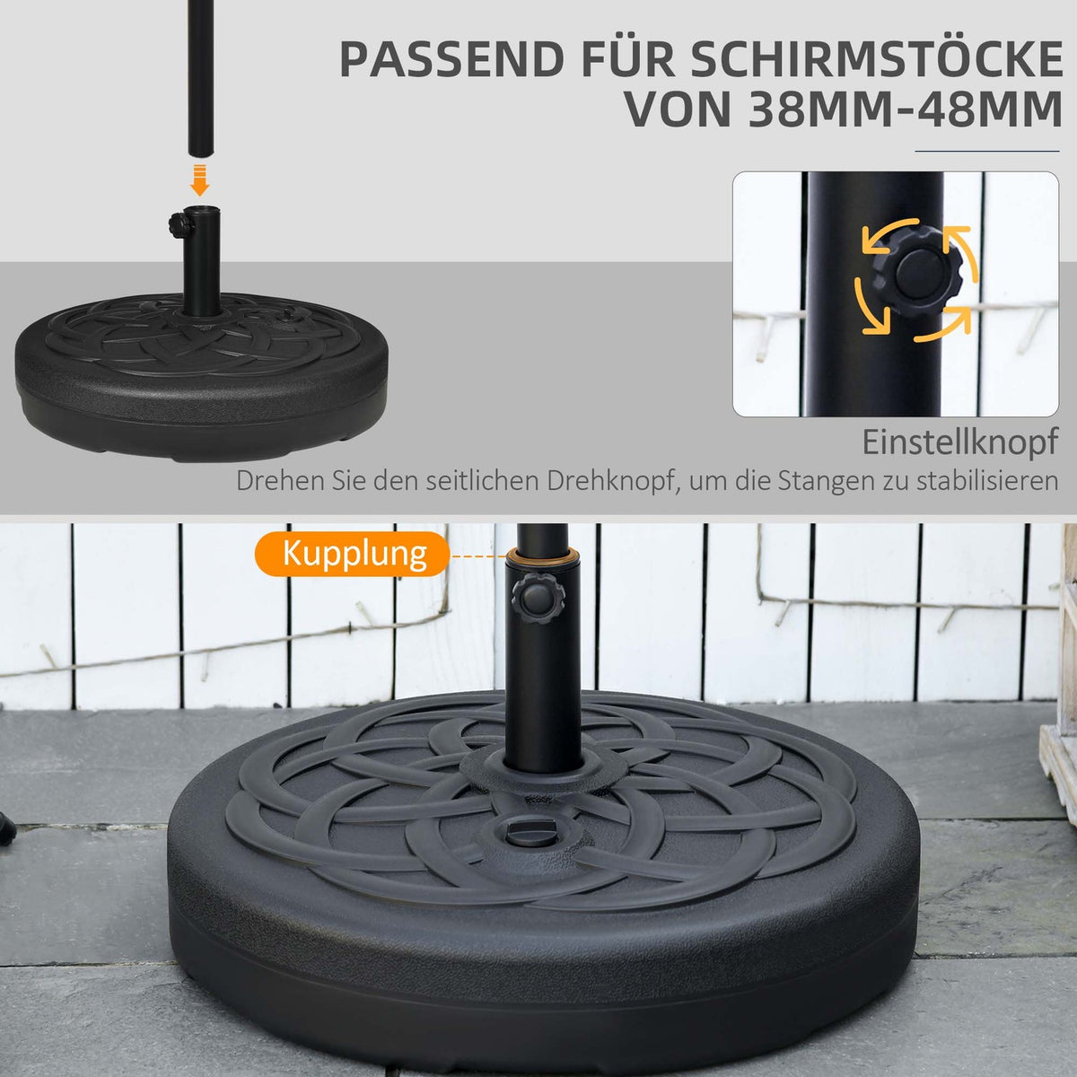Parasol stand can be filled up to 35 kg Umbrella stand, round umbrella holder, umbrella weight, stand for parasol Ø38/48 mm, for balcony, terrace, garden, black
