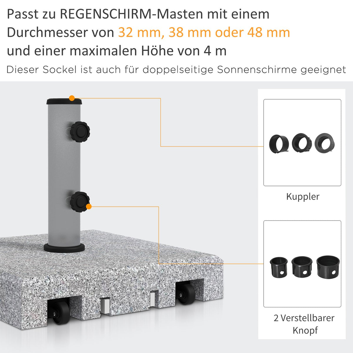 Parasol stand (made of granite) 28kg parasol base with two knobs on the base for pole diameter Ø 32/38/48 mm, umbrella stand with wheels for garden, balcony, granite, gray