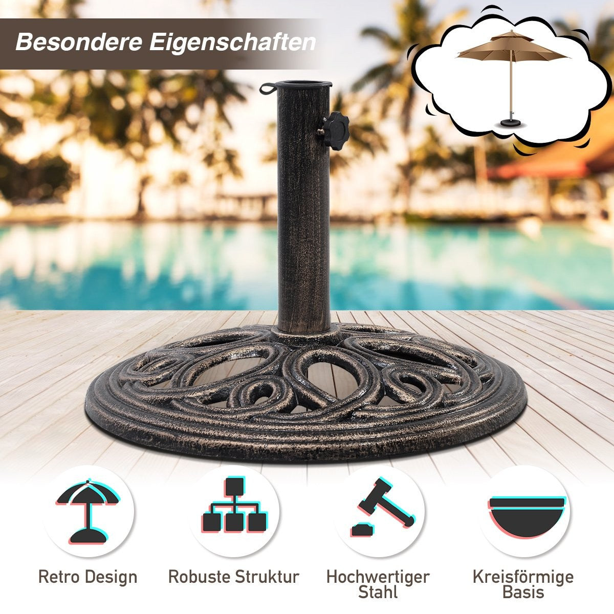 Parasol stand, stable umbrella stand made of robust cast iron for 38 mm to 48 mm poles