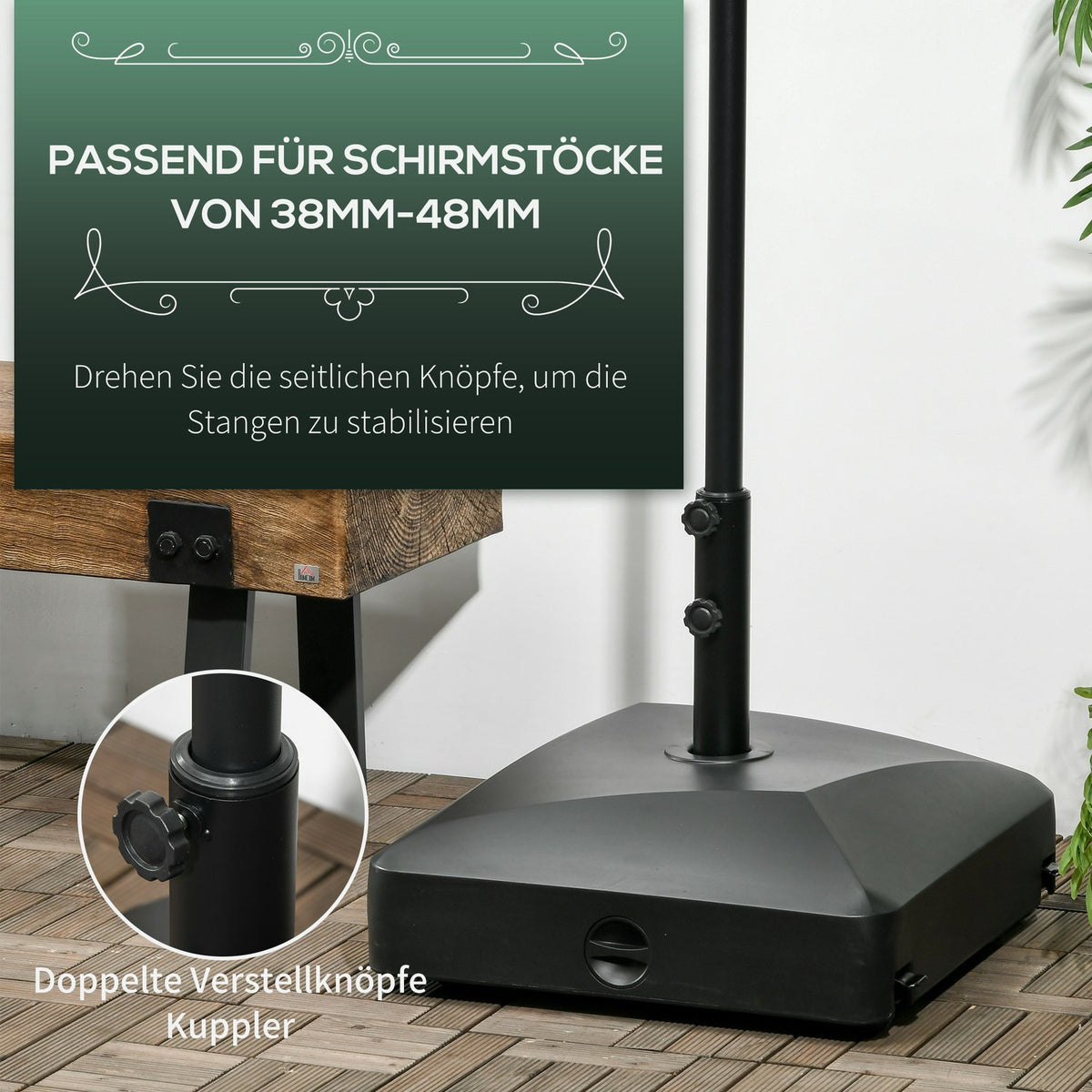 Parasol stand with wheels for Ø38/48mm poles, 43kg water or 60kg sand, stable metal stand for garden & terrace