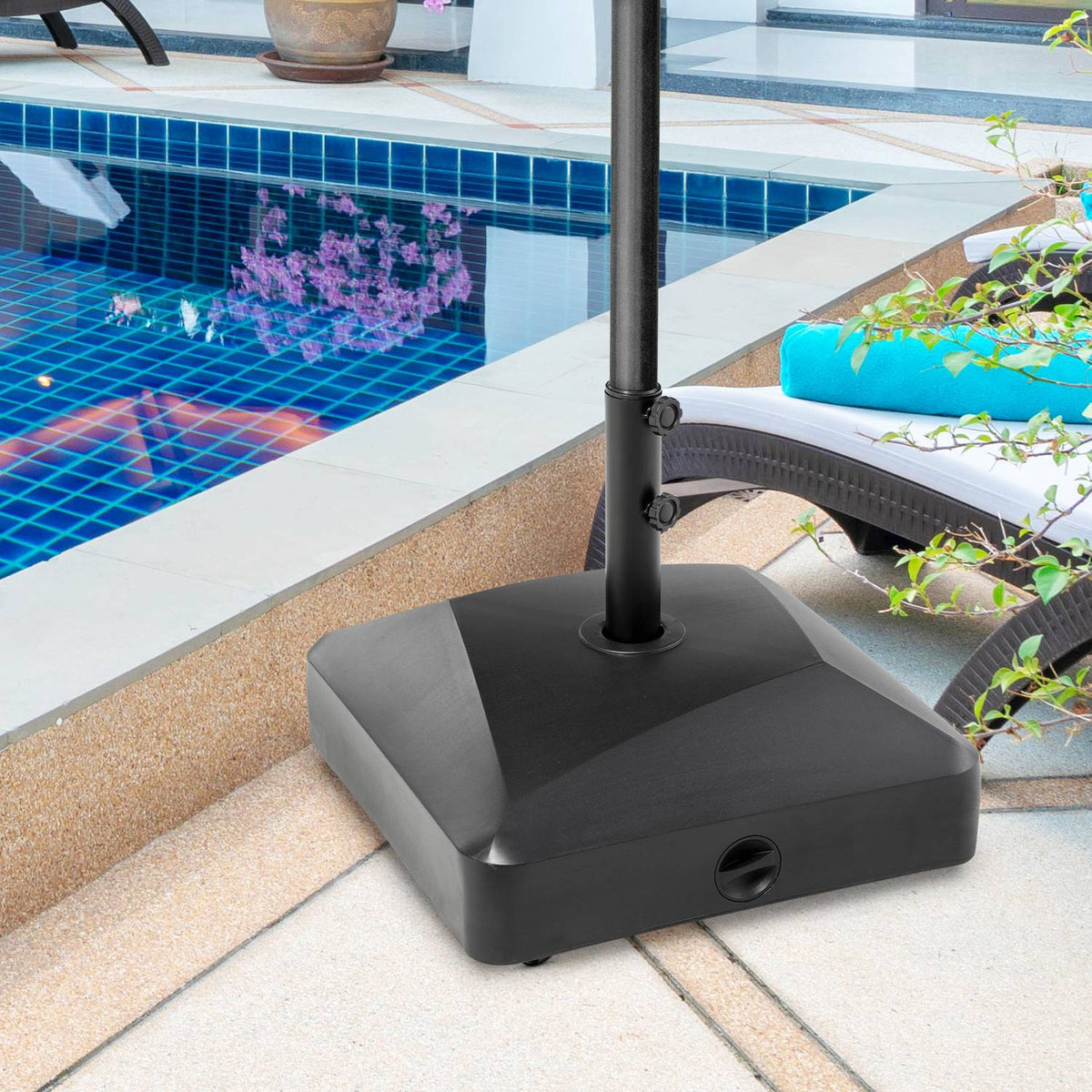Parasol stand with wheels for Ø38/48mm poles, 43kg water or 60kg sand, stable metal stand for garden & terrace