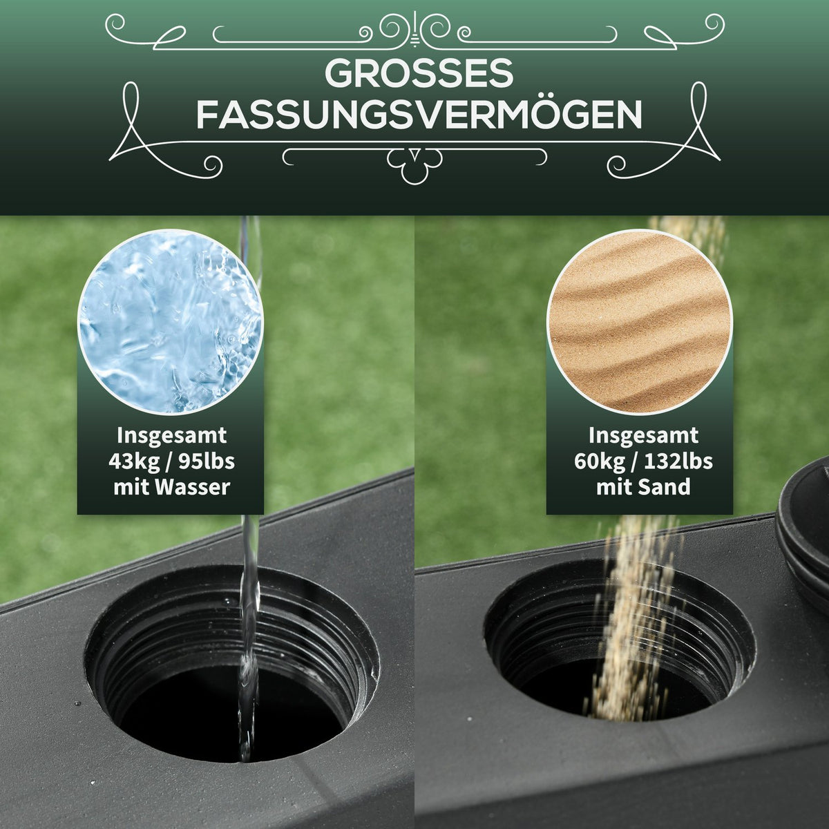 Parasol stand with wheels for Ø38/48mm poles, 43kg water or 60kg sand, stable metal stand for garden & terrace