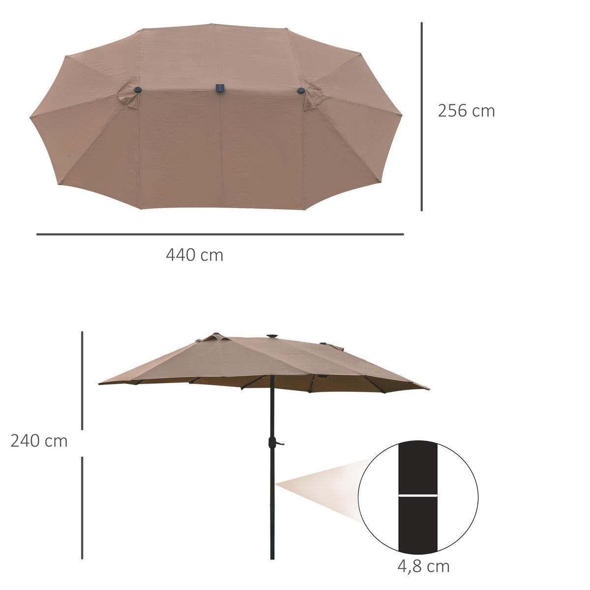 Parasol with LED double parasol 440 x 260 cm garden umbrella patio umbrella large oval with hand crank and metal frame in khaki
