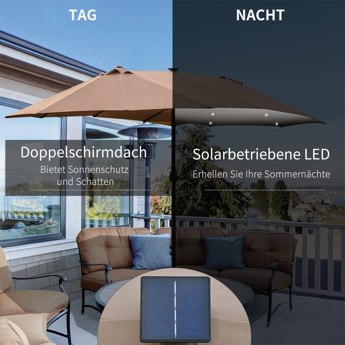 Parasol with LED double parasol 440 x 260 cm garden umbrella patio umbrella large oval with hand crank and metal frame in khaki