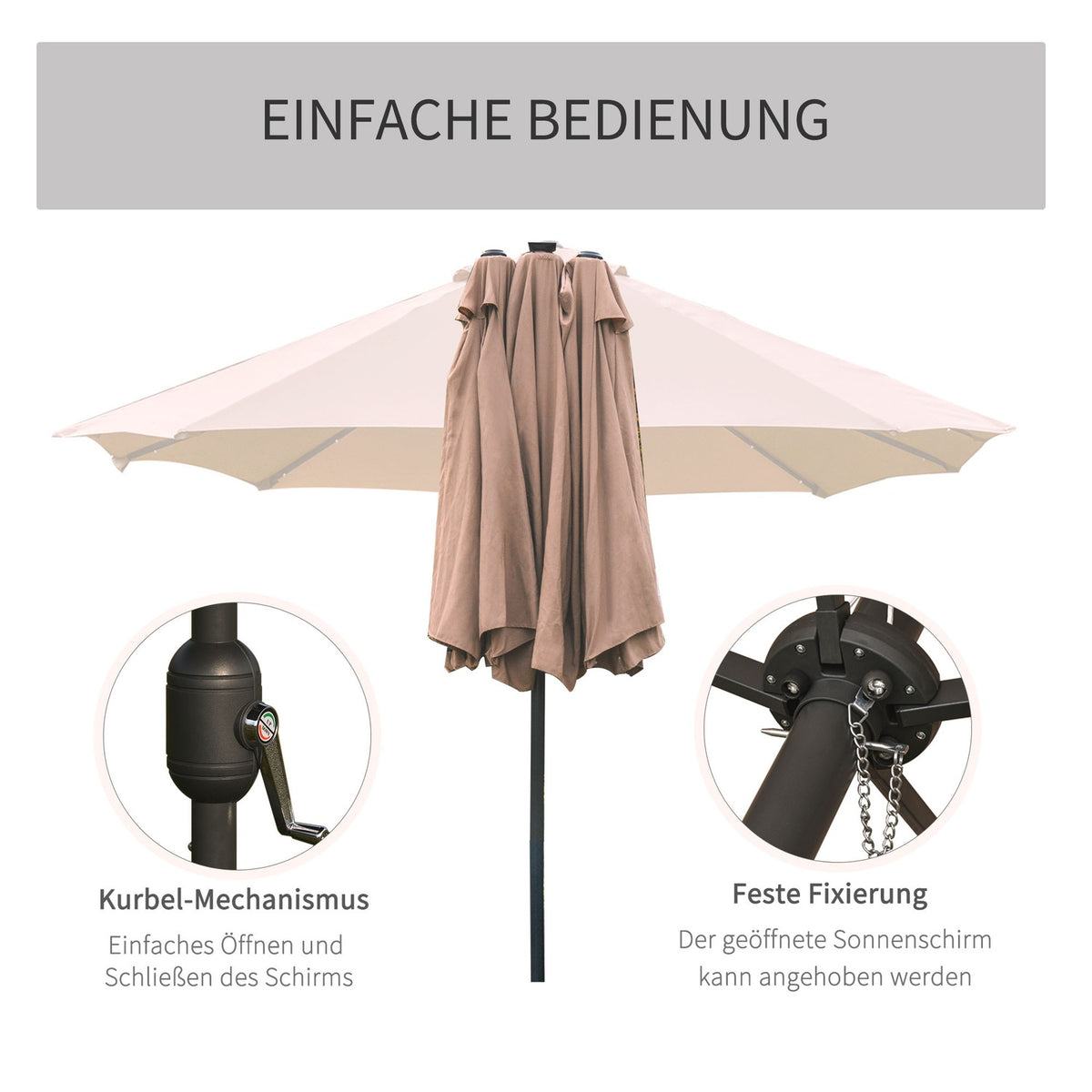 Parasol with LED double parasol 440 x 260 cm garden umbrella patio umbrella large oval with hand crank and metal frame in khaki