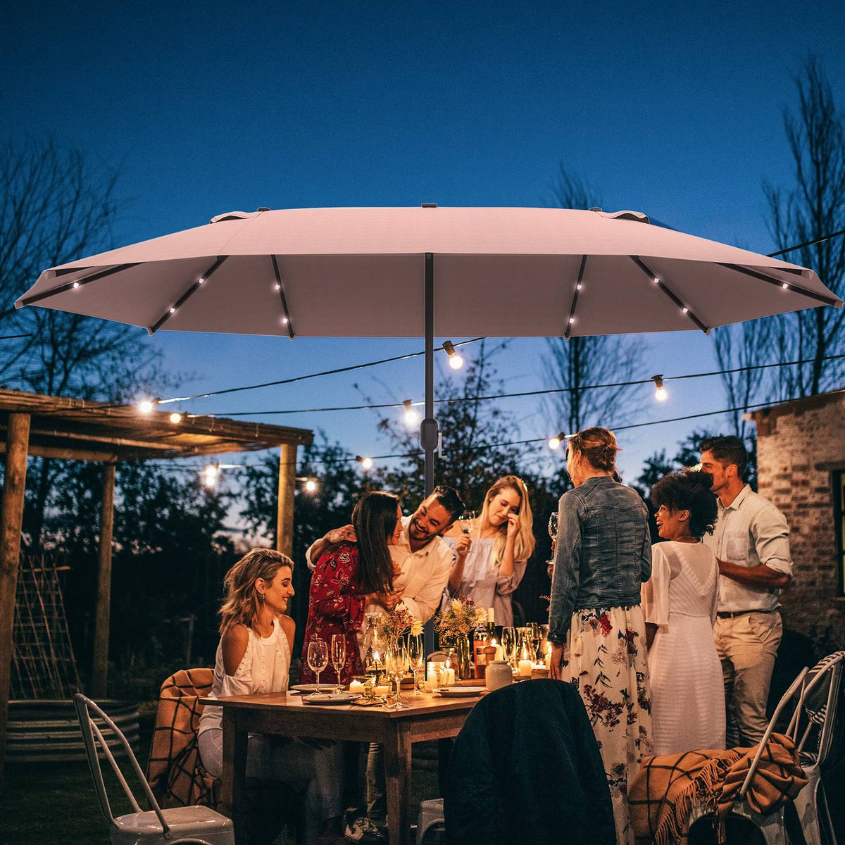 Parasol with LED double parasol 440 x 260 cm garden umbrella patio umbrella large oval with hand crank and metal frame in khaki