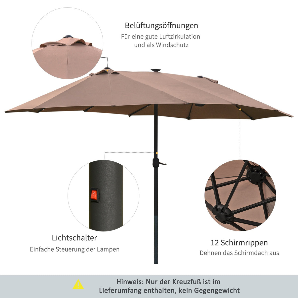 Parasol with LED double parasol 440 x 260 cm garden umbrella patio umbrella large oval with hand crank and metal frame in khaki