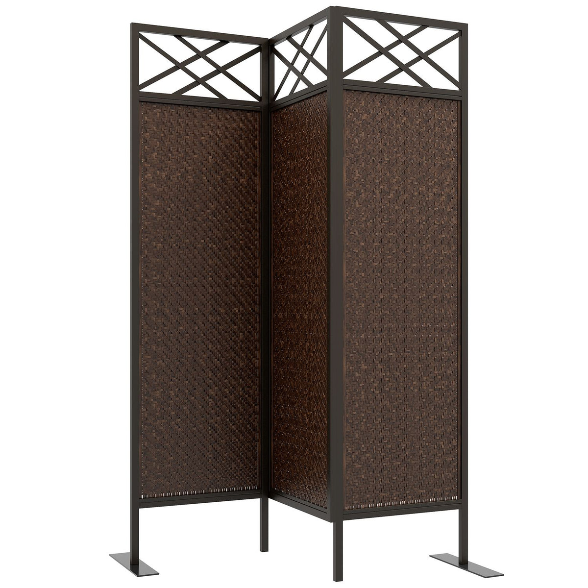 Paravant 148X181Cm Garden Room Divider With Rattan Look, Anti-Uv Divider & Pegs, Steel, Dark Brown