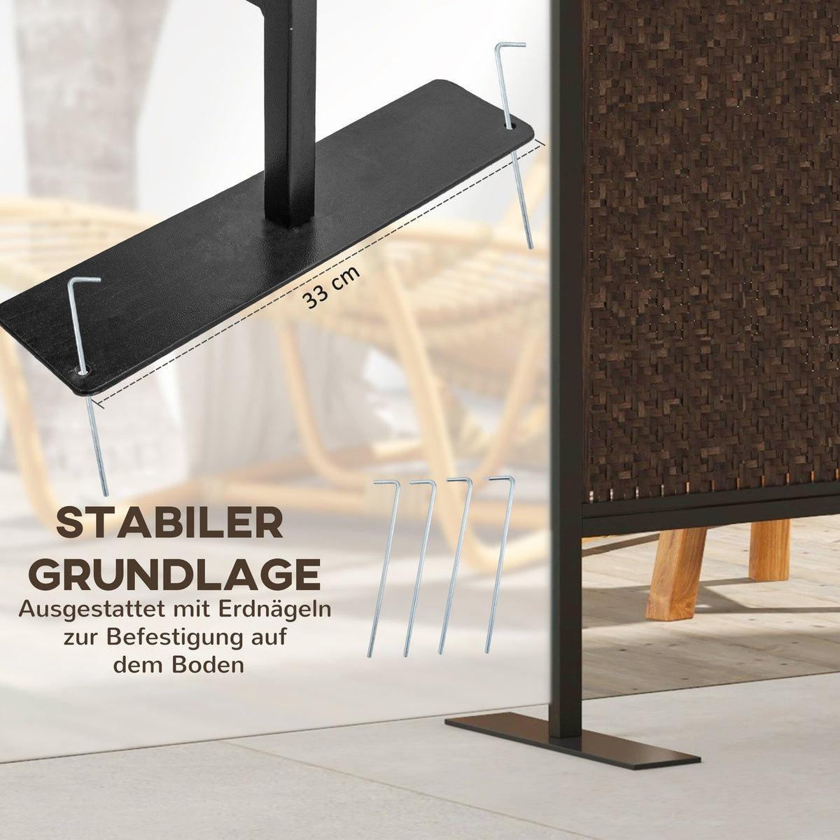 Paravant 148X181Cm Garden Room Divider With Rattan Look, Anti-Uv Divider & Pegs, Steel, Dark Brown
