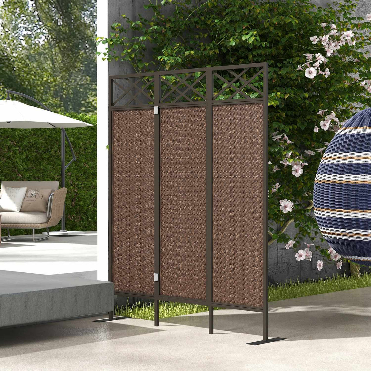 Paravant 148X181Cm Garden Room Divider With Rattan Look, Anti-Uv Divider & Pegs, Steel, Dark Brown