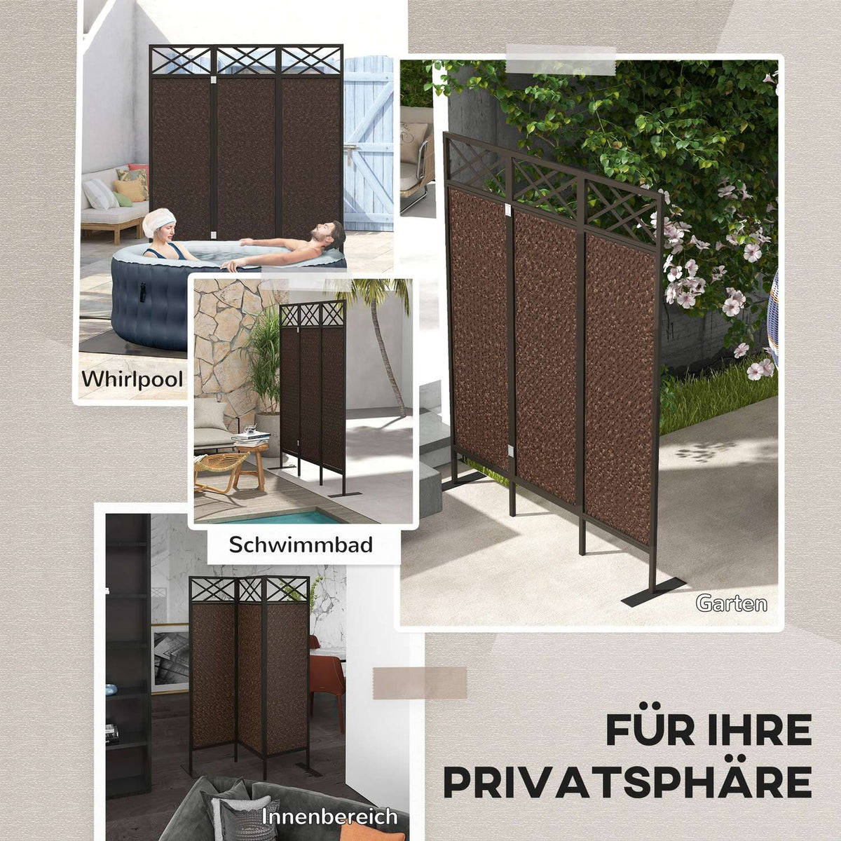 Paravant 148X181Cm Garden Room Divider With Rattan Look, Anti-Uv Divider & Pegs, Steel, Dark Brown