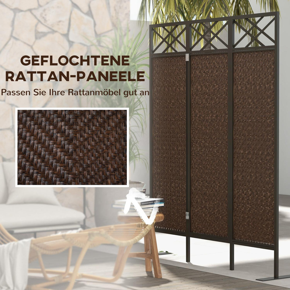 Paravant 148X181Cm Garden Room Divider With Rattan Look, Anti-Uv Divider & Pegs, Steel, Dark Brown