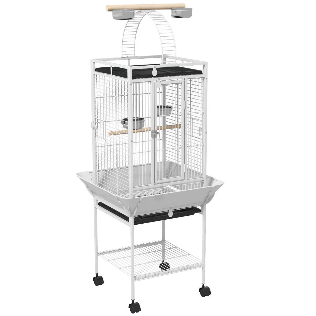 Parrot Cage with 3 Doors, 2 Perches, Wheels, White