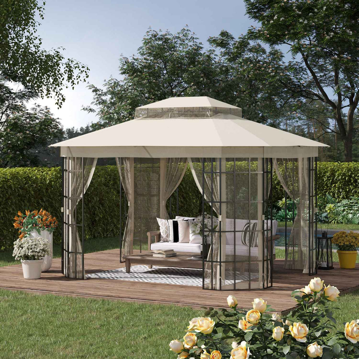 Party Tent 3.65X3M Double Roof Mosquito Net Metal Black Beige