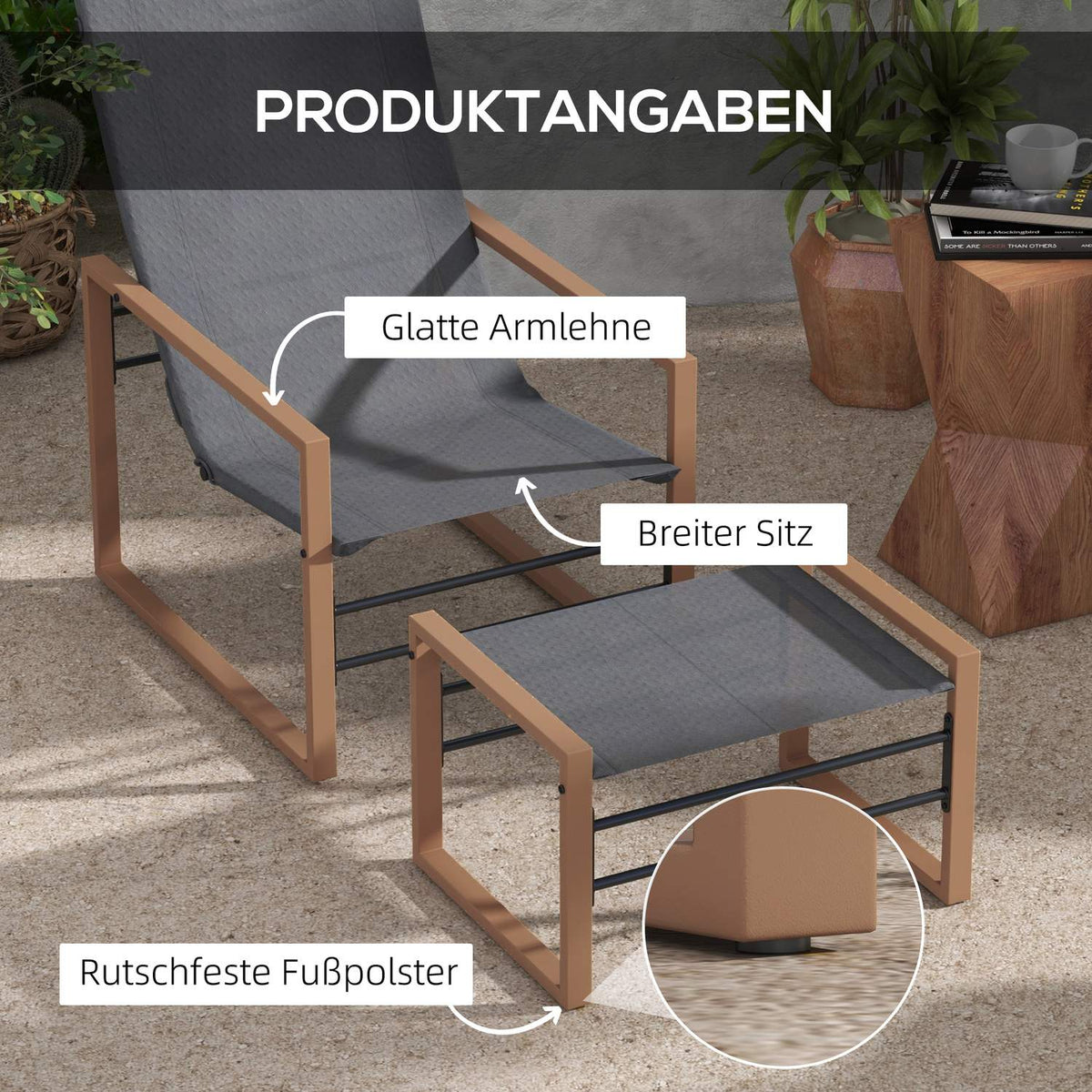 Patio Chair Stool Garden Chair Set Mesh Cover Metal Frame Dark Gray