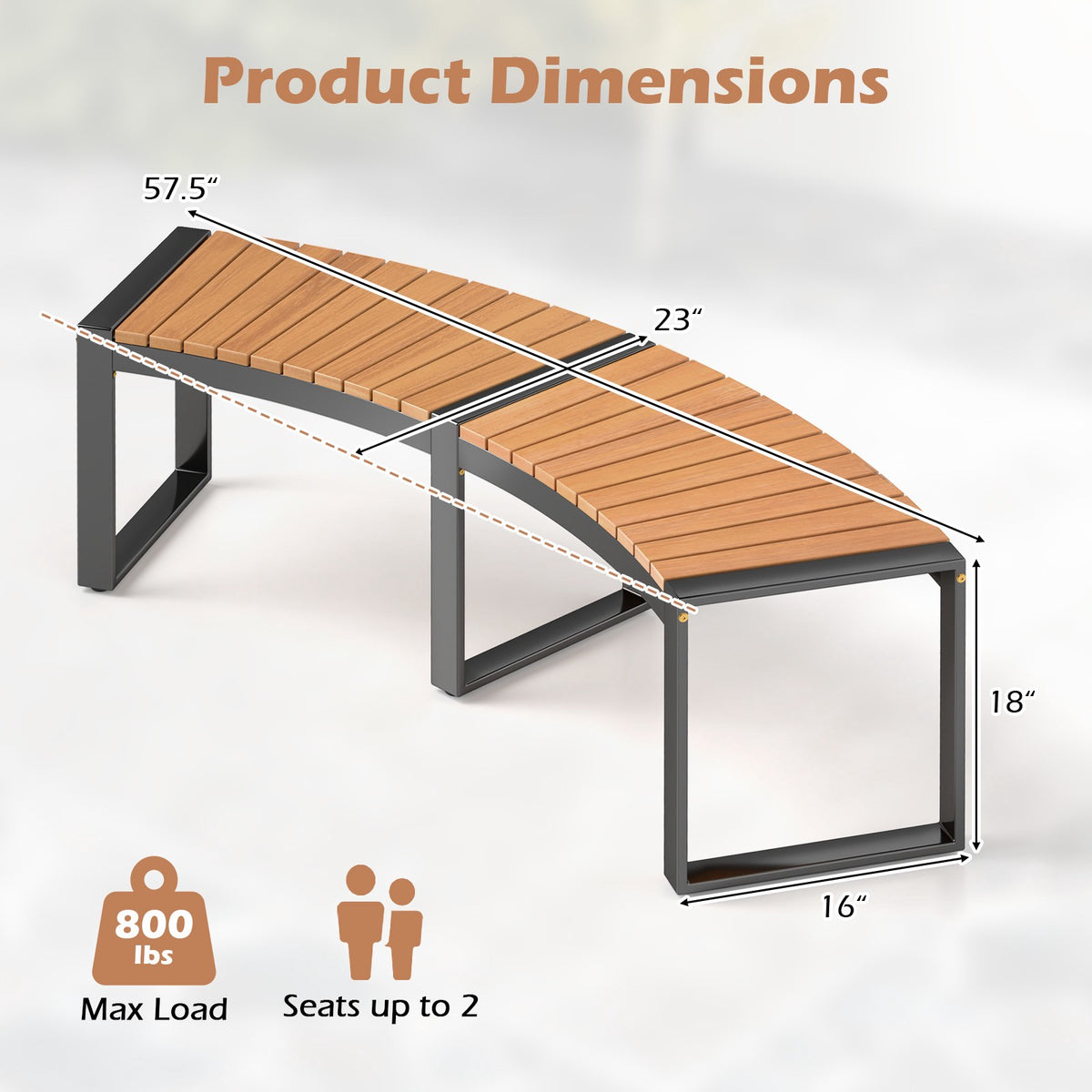 Patio Curved Bench Set, 2-Piece, Acacia Wood, Metal Legs