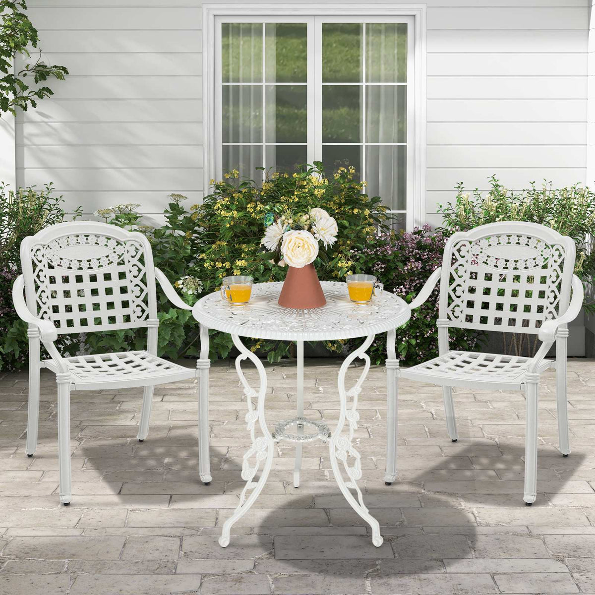 Patio Dining Chairs, Set of 2, Cast Aluminum, White