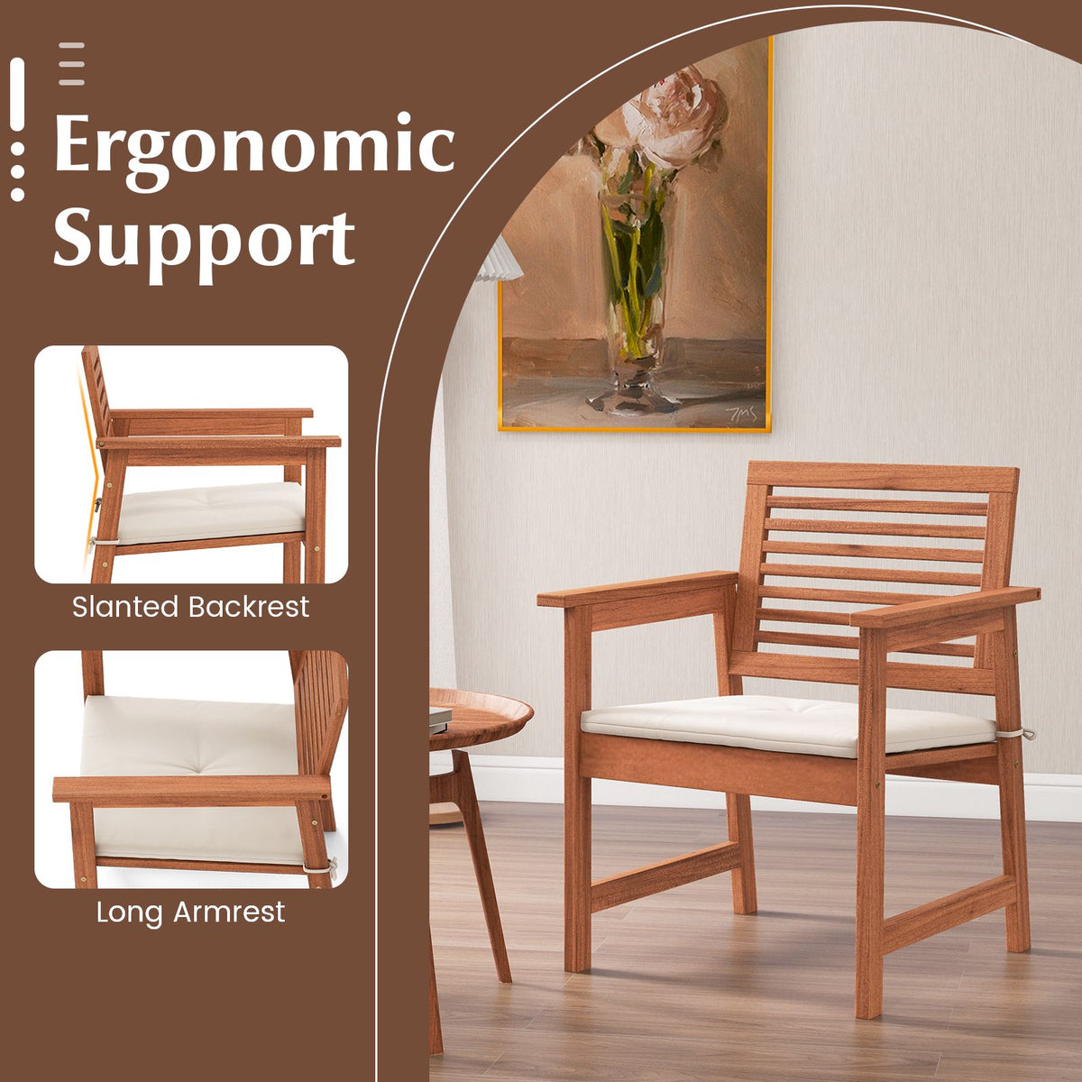 Patio Dining Chairs Set of 2, Solid Wood With Cushions