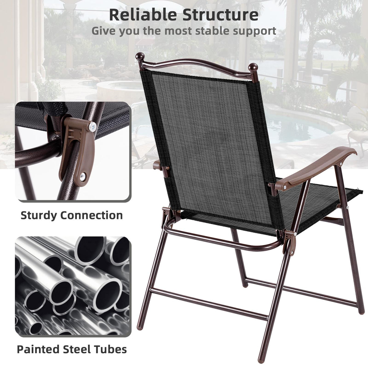 Patio Folding Chairs Set of 2 with Armrests, Black
