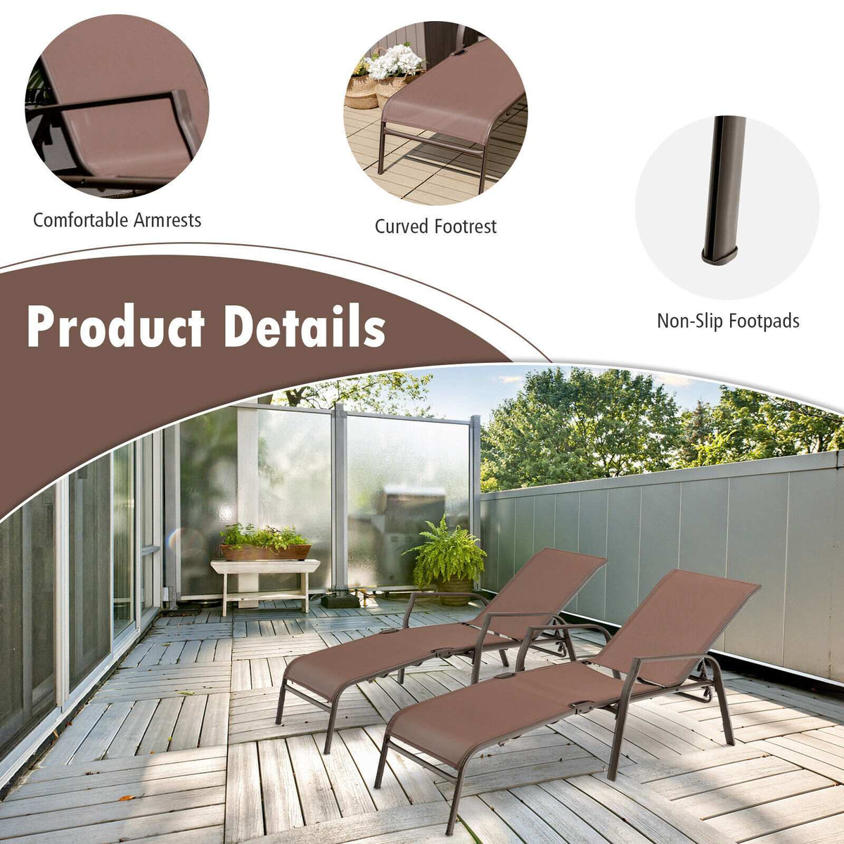 Patio Folding Chaise Lounge Set, 2-Pack, Adjustable Back