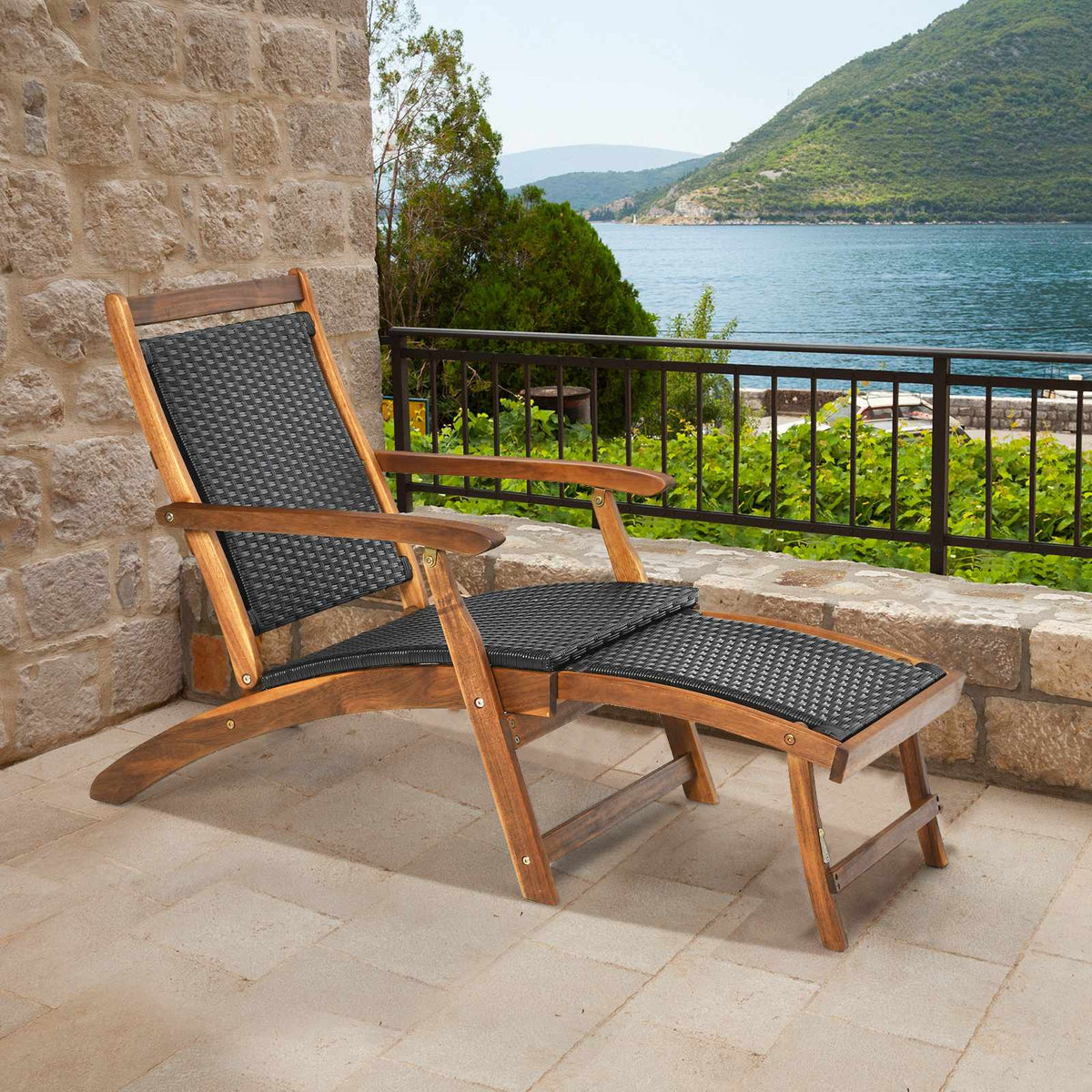 Patio Folding Rattan Lounge Chair – Acacia Frame, Footrest