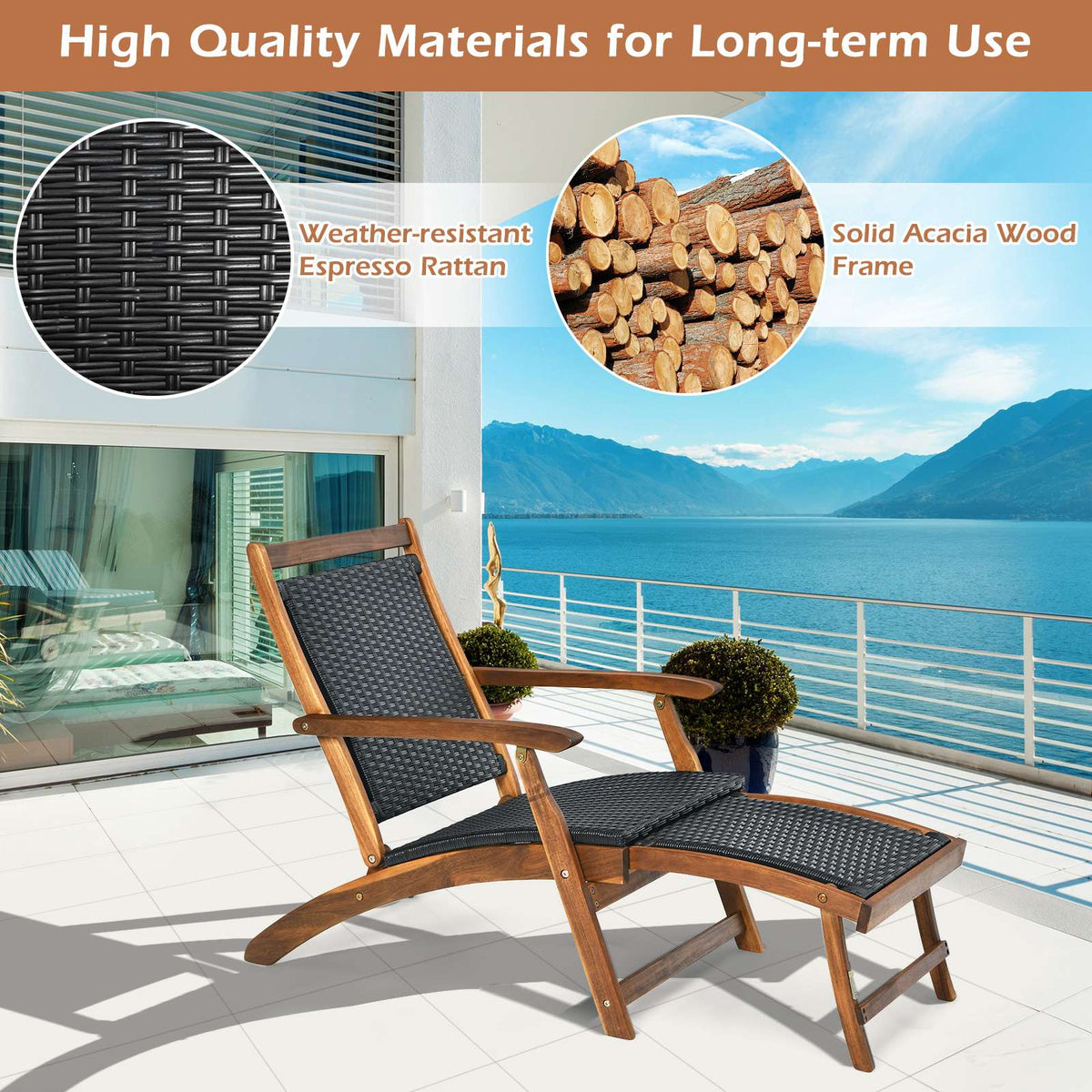 Patio Folding Rattan Lounge Chair – Acacia Frame, Footrest