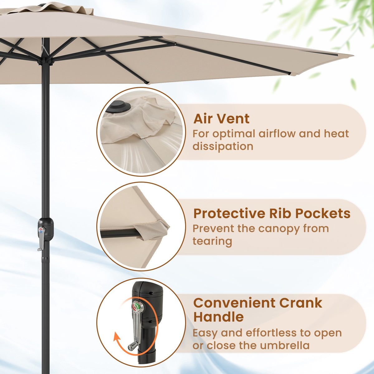 Patio Market Umbrella 3.6 m, Crank Handle, Beige