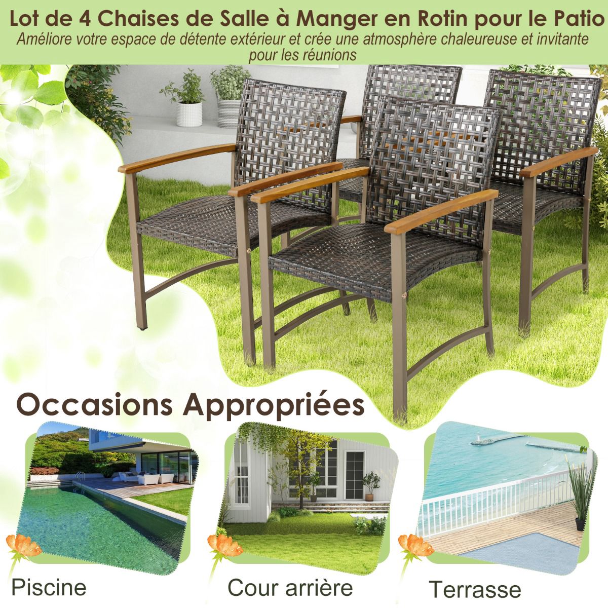 Patio Rattan Dining Chairs Set of 4, Acacia Armrests