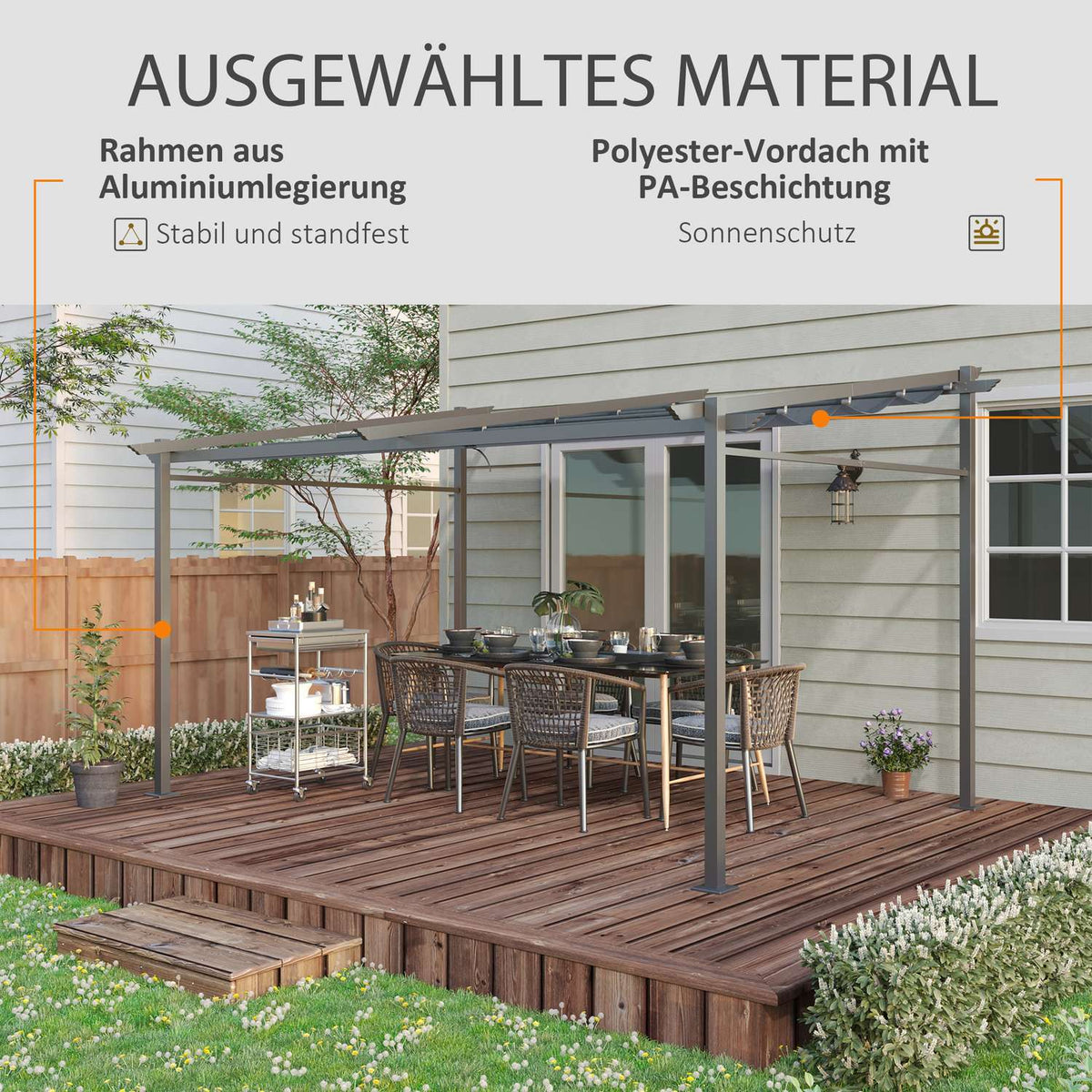 Patio Roof Pergola Approx. 4x3m Patio Roofing Garden Pavilion Aluminum, Wall Mounted, Garden Pavilion with Adjustable Roof, UV Protection, Sun Protection for Patio and Garden, Dark Gray