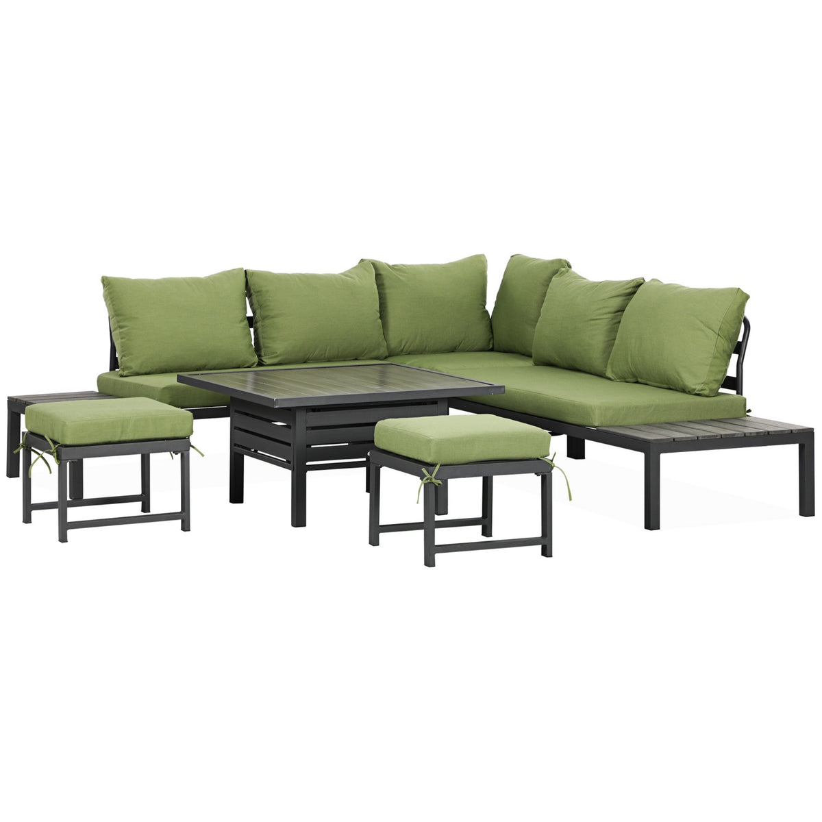 Patio Seating Group 6 People Set With Height-Adjustable Table, Aluminum Frame, Green + Gray