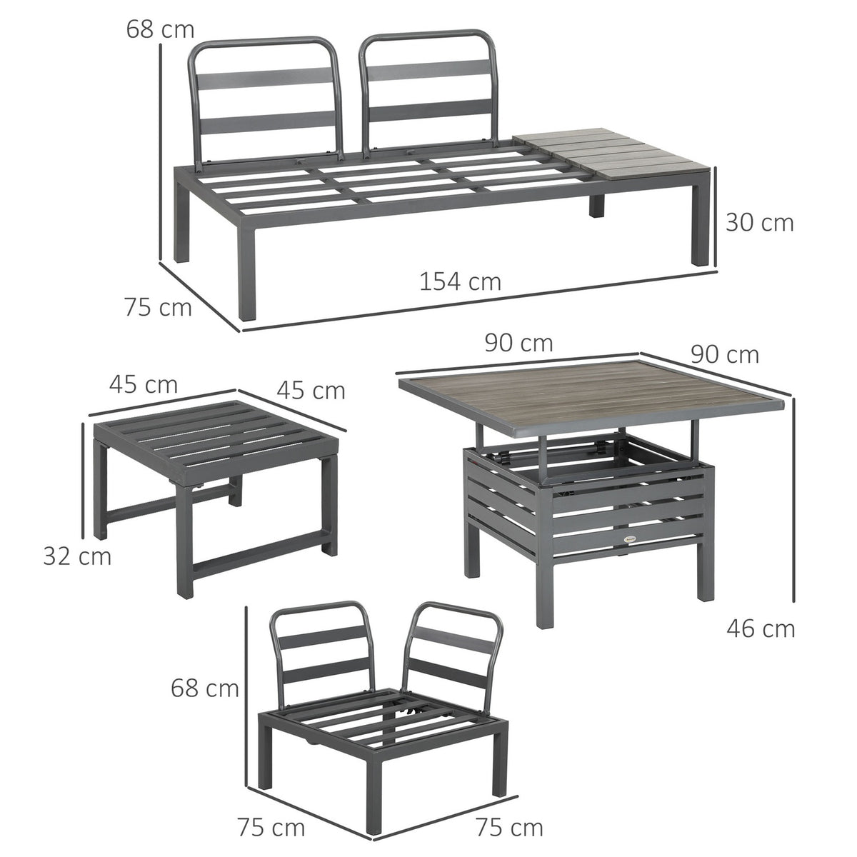 Patio Seating Group 6 People Set With Height-Adjustable Table, Aluminum Frame, Green + Gray