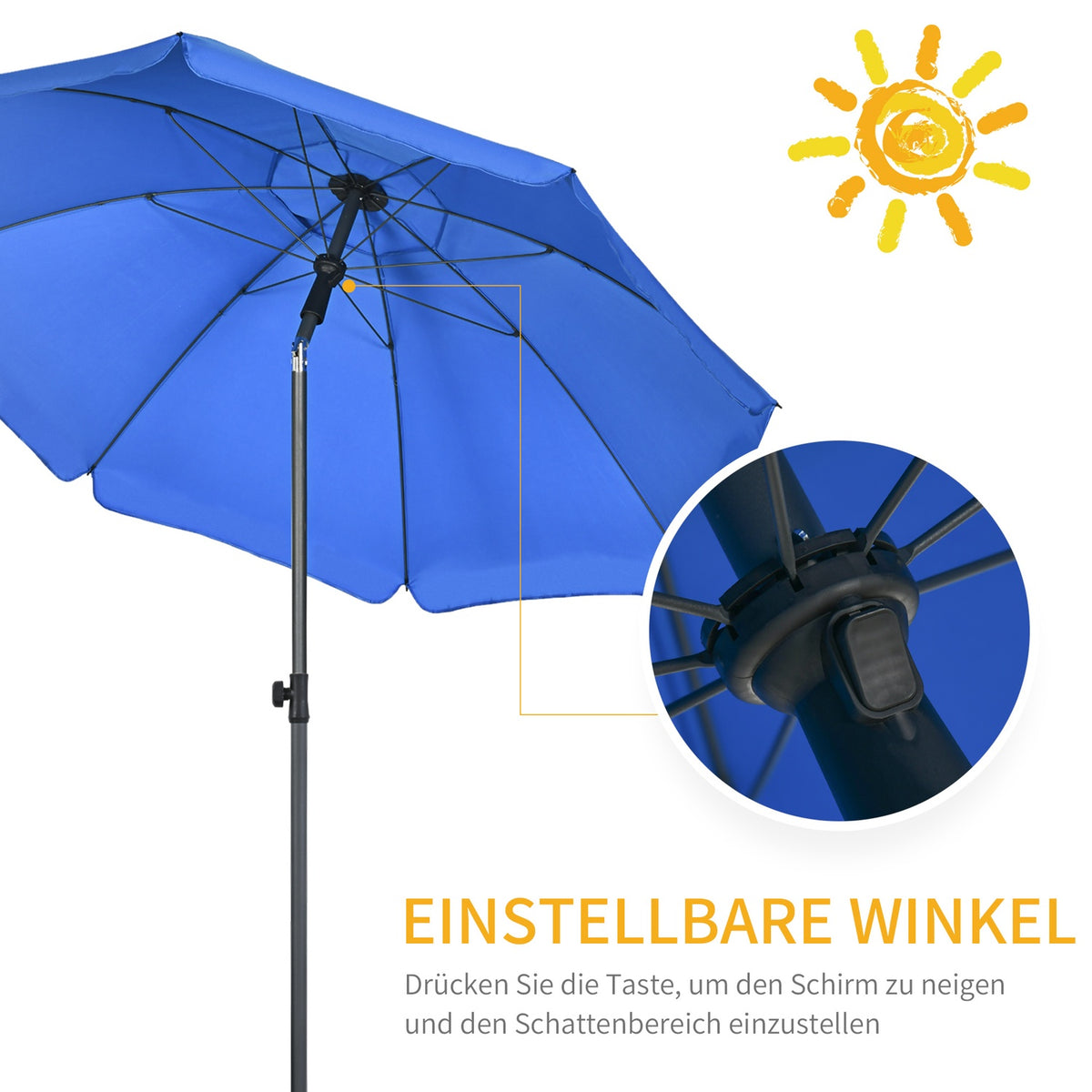 Patio Umbrella Ø180Cm Uv Protection Beach Umbrella With Adjustable Tilt, 8 Struts, Steel, Blue