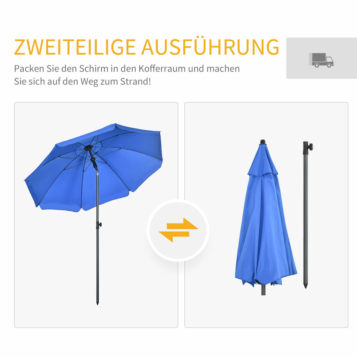 Patio Umbrella Ø180Cm Uv Protection Beach Umbrella With Adjustable Tilt, 8 Struts, Steel, Blue